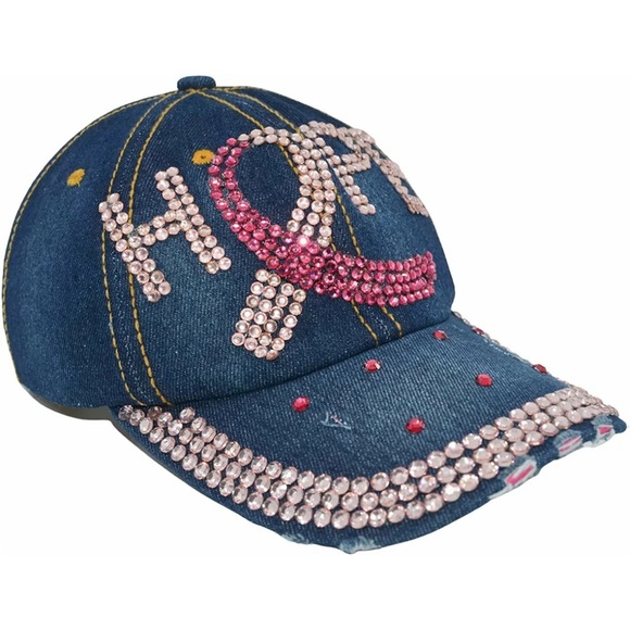 NWT Distressed Denim w/Pink Bling HOPE Breast Cancer Awareness Ribbon Cap Hat - Picture 2 of 6